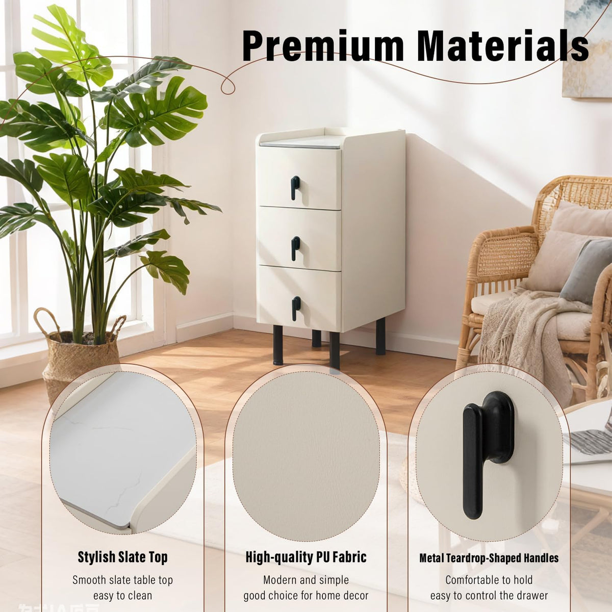 Homcosan Night Stand Small Size 9.84", Modern Minimalist Bedside Table with 3 Drawer, Easy Assembly, Narrow End Table for Small Space, Bedroom, Vanity, Dorm (Cream)