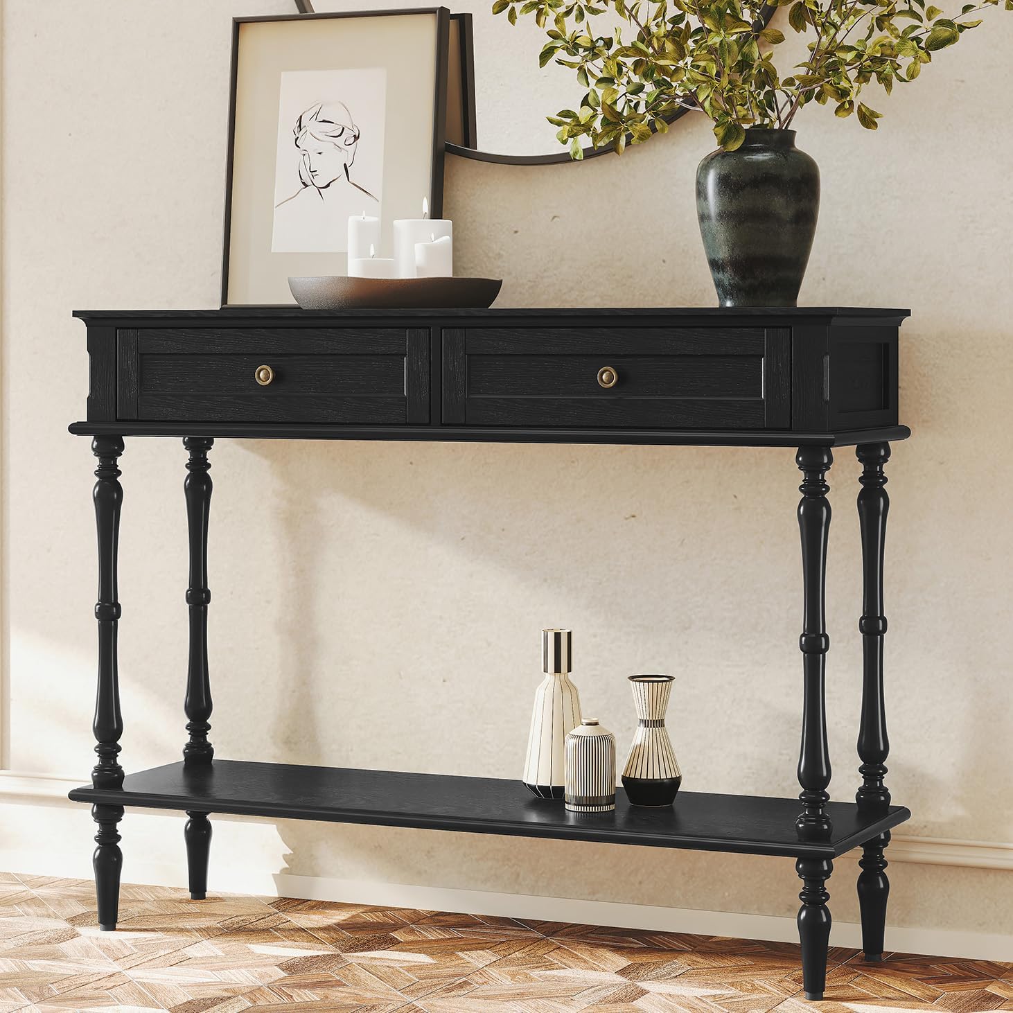 ARTPOWER Console Table for Entryway with 2 Drawers, 10 mins Assembly, Black | Solid Wood Veneer Entry Table, Behind Couch Sofa Table with Open Storage Shelf for Living Room, Foyer, Hallway