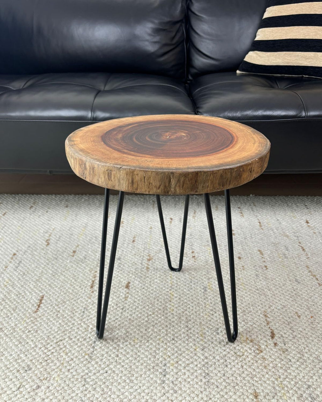 Live Edge End Table, About 15-18" W x 17" H Natural Edge Camphor Wood Stump Side Table for Living Room, Unique Desktop with Metal Hairpin Legs, Natural Wood Nightstand, Plant Stand