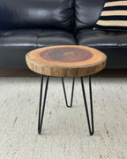 Live Edge End Table, About 15-18" W x 17" H Natural Edge Camphor Wood Stump Side Table for Living Room, Unique Desktop with Metal Hairpin Legs, Natural Wood Nightstand, Plant Stand
