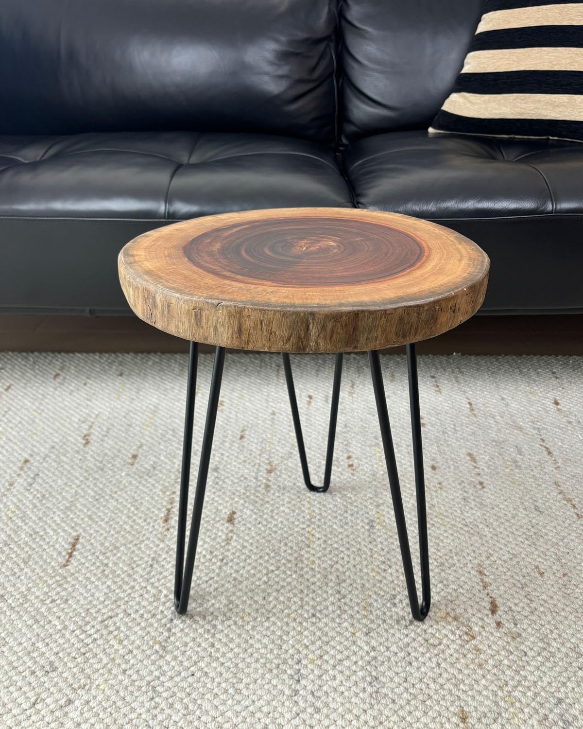 Live Edge End Table, About 15-18" W x 17" H Natural Edge Camphor Wood Stump Side Table for Living Room, Unique Desktop with Metal Hairpin Legs, Natural Wood Nightstand, Plant Stand