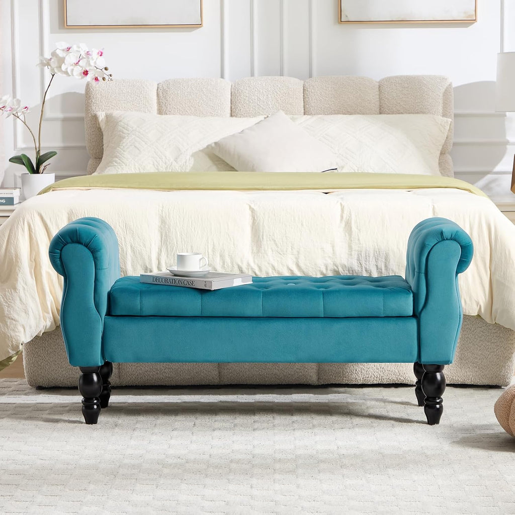 47″ Storage Bench with Arms End of Bed Bench,Velvet Entryway Bench with Storage, Button Tufted Upholstered Ottoman Bench Wood Legs, Window Sitting Bench for Bedroom/Living Room/Hallway, Teal
