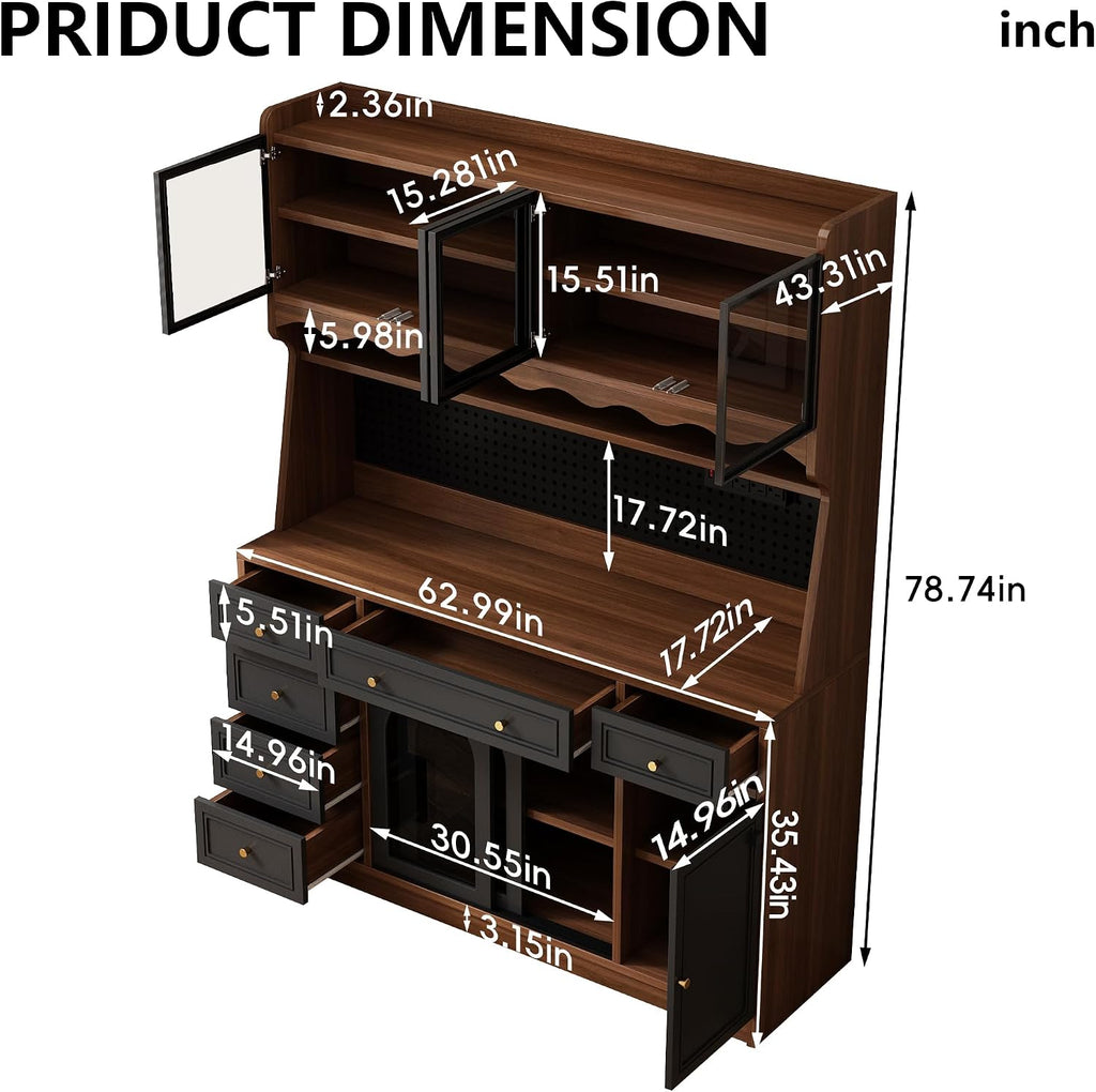 63'' Kitchen Pantry Cabinet with Power Outlet,Large Kitchen Hutch Cabinet with 6 Drawers and Adjustable Shelves,Wood Buffet Cabinets for Dining Room and Living Room(Black and Walnut)