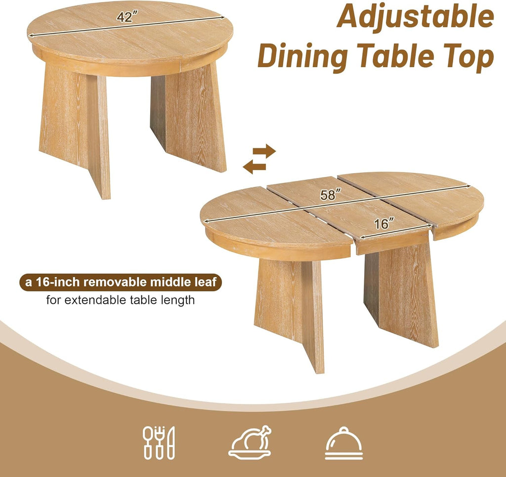 LUMISOL 5-Piece Round Dining Table Set for 4, Extendable Kitchen Table Set with 4 Upholstered Chairs, Kitchen Table and Chairs Set for Dining Room, Kitchen, Natural Wood Wash