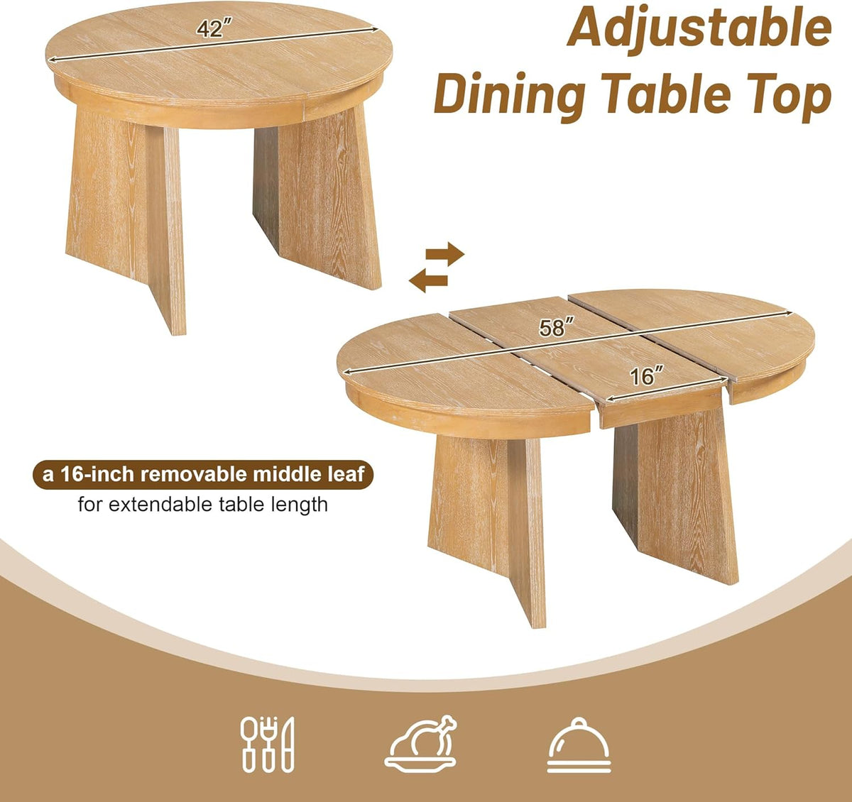 LUMISOL 5-Piece Round Dining Table Set for 4, Extendable Kitchen Table Set with 4 Upholstered Chairs, Kitchen Table and Chairs Set for Dining Room, Kitchen, Natural Wood Wash