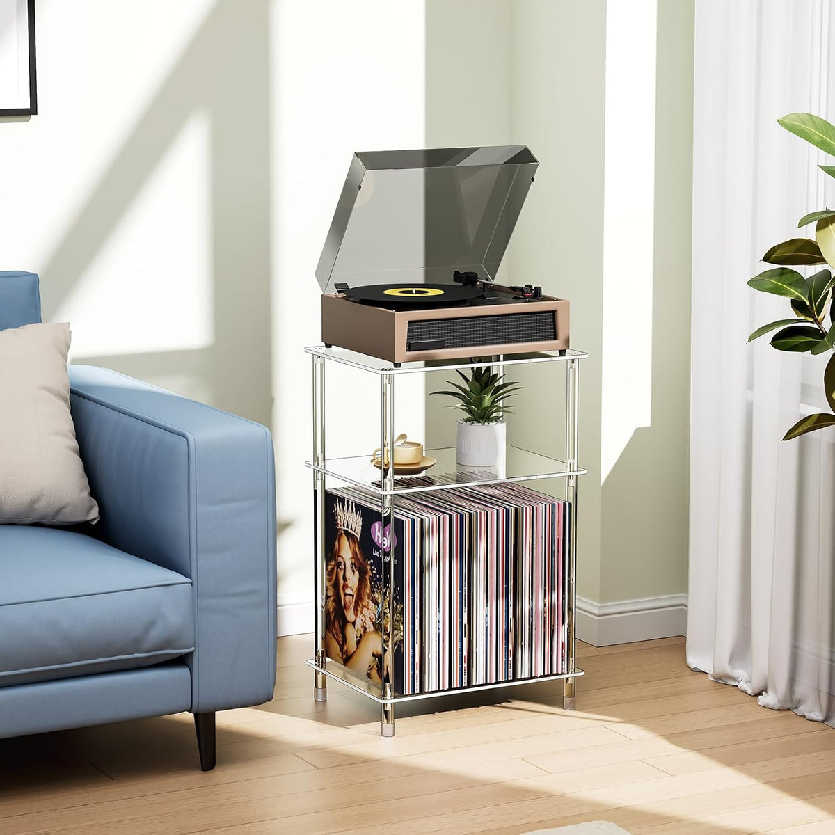 Clear Acrylic Record Player Stand with Vinyl Storage, 15.75" L x 11.81" W x 24.5" H, 3 Tier Small Side Turntable Table with Album Shelf, Modern Bedside End Table for Living Room, Bedroom