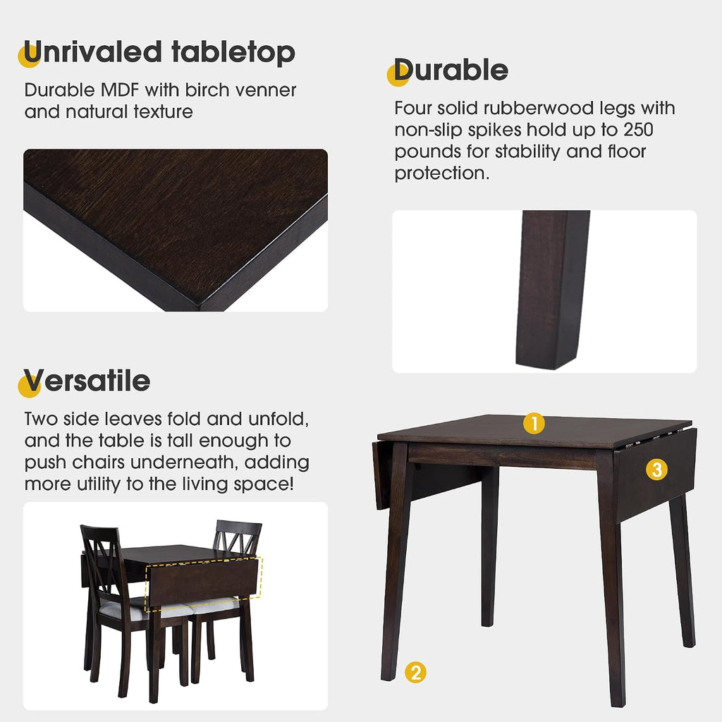 5 Piece Kitchen Dining Set with Drop Leaf, Dining Table and 4 Dining Upholstered Chairs, Dining Room Set for Small Places, Espresso