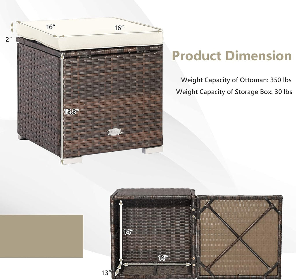 ORALNER 16" Outdoor Ottoman, Set of 2 Wicker Ottoman with Storage, All-Weather Rattan Cube Footstool w/Removable Cushions, Square Foot Rest Seating for Patio, Porch, Deck, Easy Assembly (Cream)