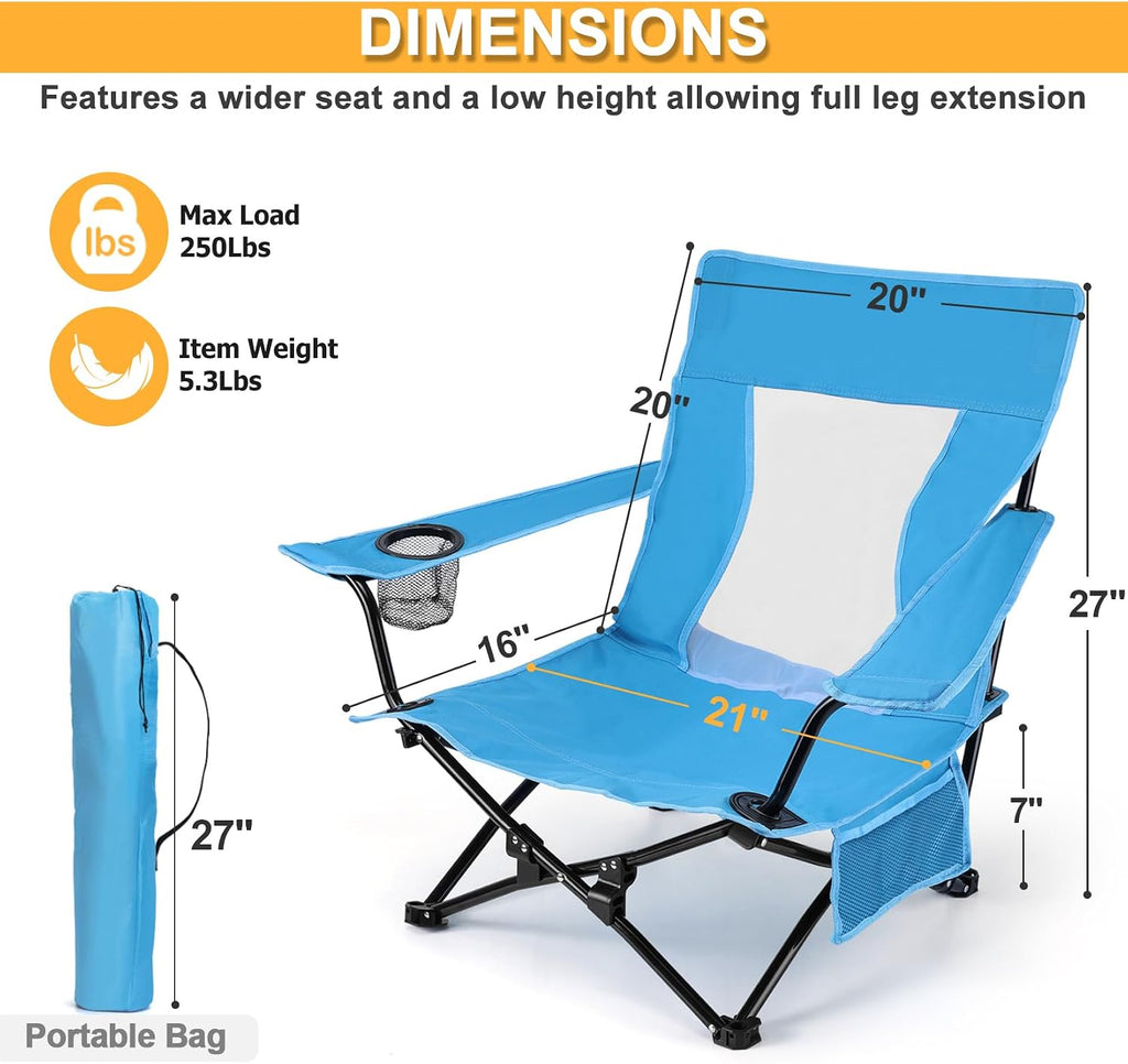 Joyfair Beach Camping Chair (2 Pack), Folding Chair for Adults (Blue) | Heavy Duty Outdoor Portable Chair with Armrest for Outside Lawn, Sport, Fishing, Cup Holder & Storage Pocket, Carry Bag