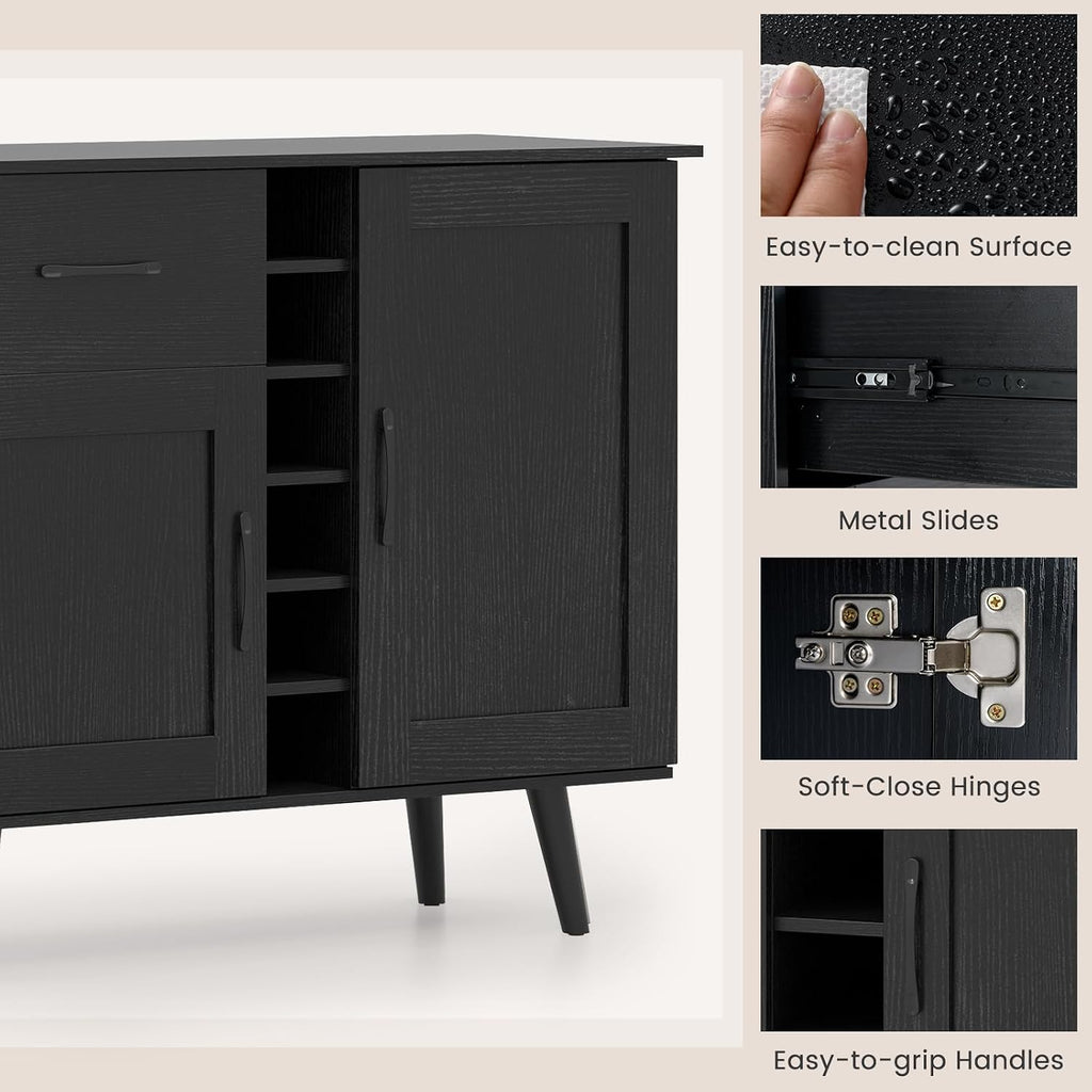 GOFLAME Wine Bar Cabinet, Buffet Sideboard with 2 Doors & 1 Drawer, 6-Bottle Wine Rack, Adjustable Shelves, Cupboard with Storage for Kitchen, Living Room, Black