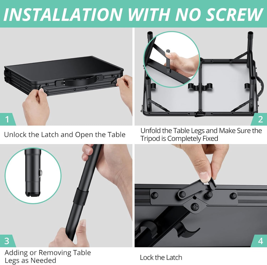 VINTEAM Camping Folding Table with Adjustable Height, Lightweight Portable Outdoor Picnic Table, BBQ Grill Side Table, Durable Aluminum Frame, MDF Desktop for Camping, Fishing, RV, Beach (Black) | Max Load 30kg MDF Surface Easy to Clean, Lightweight