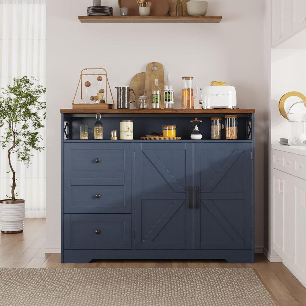 Befrases Farmhouse Buffet Cabinet with Drawers & Open Shelf, Sideboard with Storage, Kitchen Pantry Cabinet Hutch, Coffee Bar Station for Kitchen, Livingroom, 47" L Blue