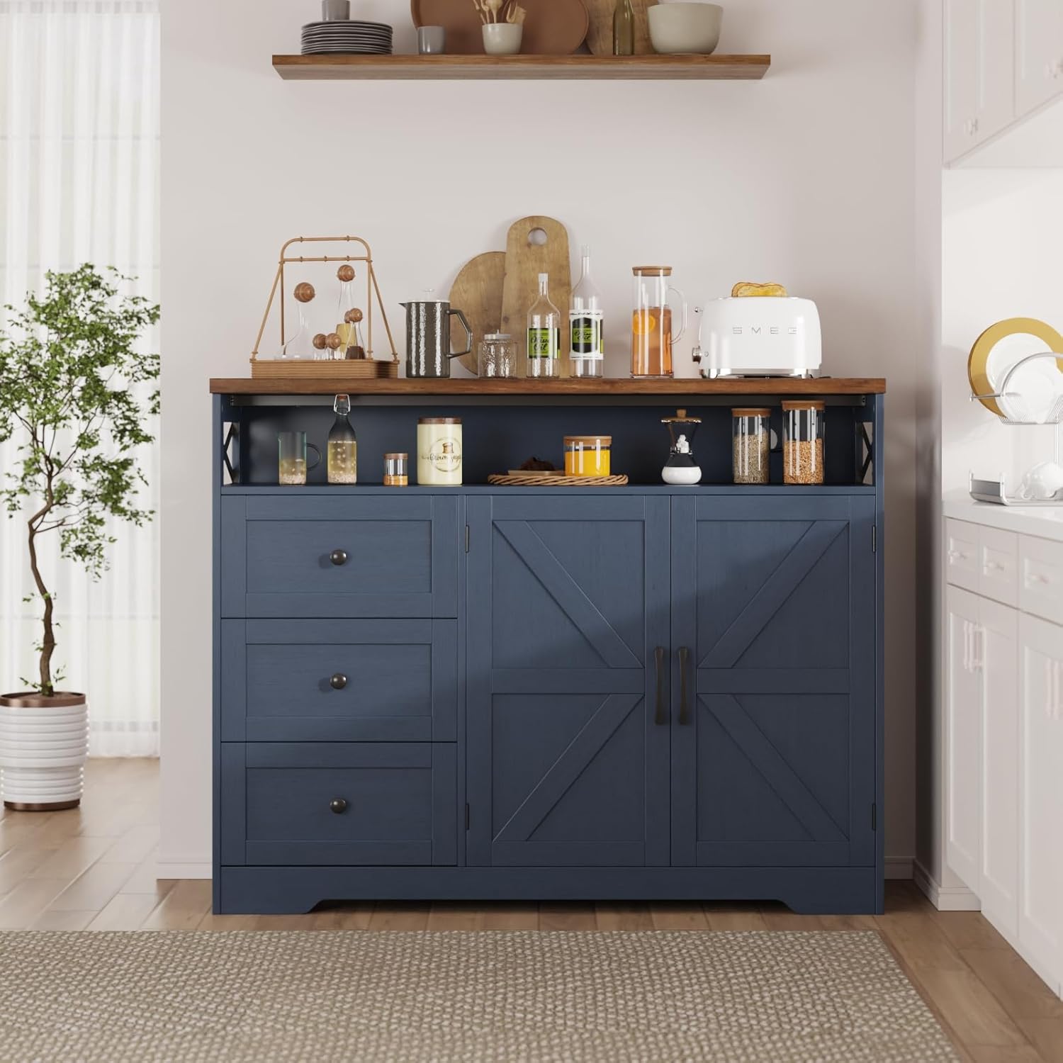 Befrases Farmhouse Buffet Cabinet with Drawers & Open Shelf, Sideboard with Storage, Kitchen Pantry Cabinet Hutch, Coffee Bar Station for Kitchen, Livingroom, 47" L Blue