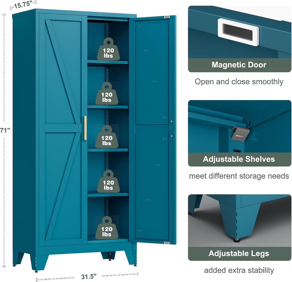 Washsemba 71'' Farmhouse Metal Storage Cabinet with Barn Doors,Steel File Cabinet for Home Office,Kitchen Pantry 4 Adjustable Shelves,Freestanding Cupboard for Kitchen,Home Office (Peacock Blue)