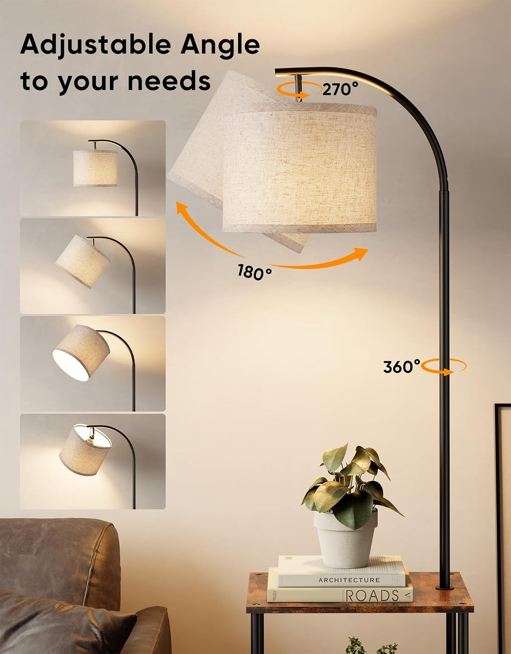 PARTPHONER Floor Lamp with Table, Night Stand with Lamp, Narrow Side Table with 3CCT LED Bulb, Small Coffee Table, Modern End Table with Storage Shelves for Living Room Bedroom Home Décor
