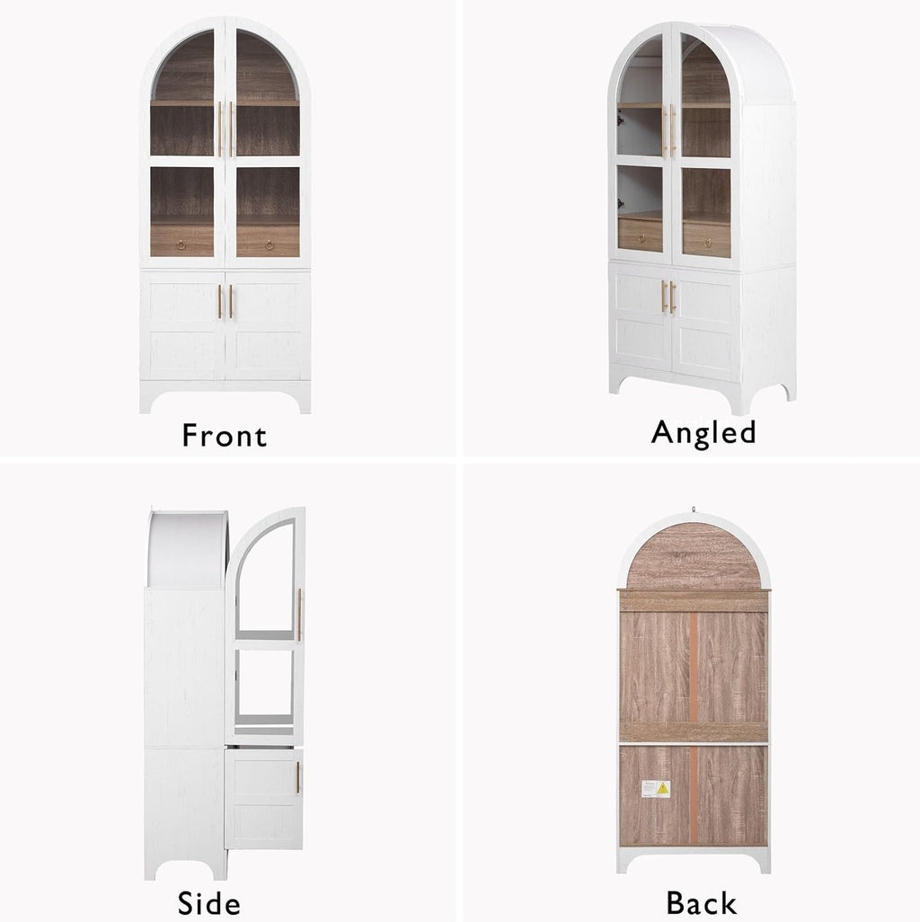 Merax 71" Farmhouse Arched Pantry Cabinet with Glass Doors & Hidden Drawer, Adjustable Shelves Storage Cupboard for Kitchen/Dining Room, White