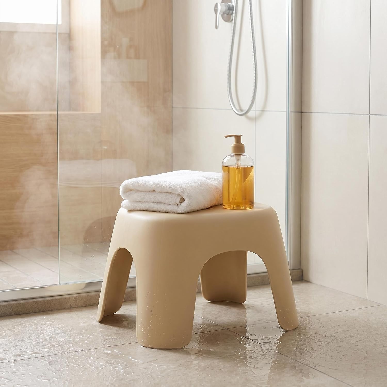 Plastic Step Stool, Heavy-Duty ABS Shower Bath Stool Anti-Slip, Compact Size for Bathroom, Kitchen, Entryway Beige