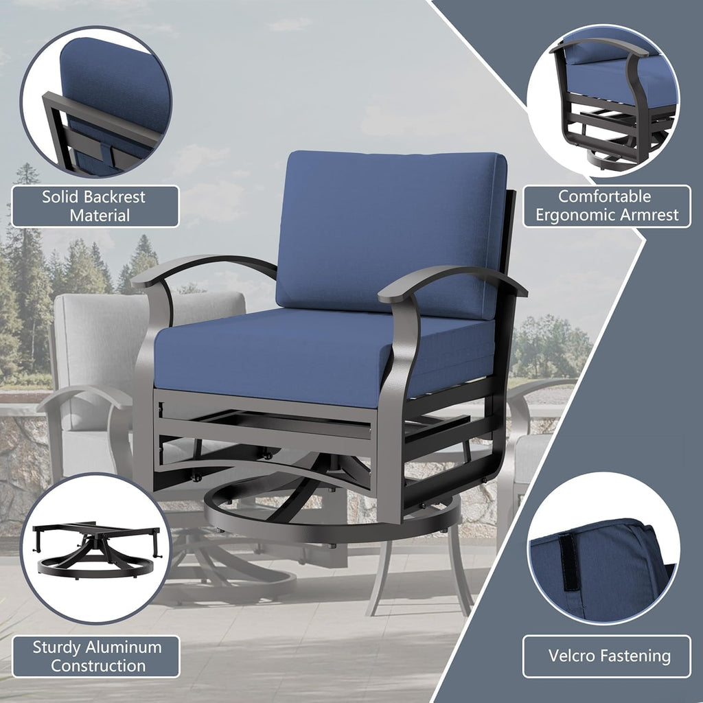 3 Piece Aluminum Swivel Rocking Chair Set, Outdoor Patio Swivel Gliders Chair with Glass Top Coffee Table, Conversation Furniture Set Suitable for Patio, Lawn, Outdoor, Back Garden(Dark Blue)