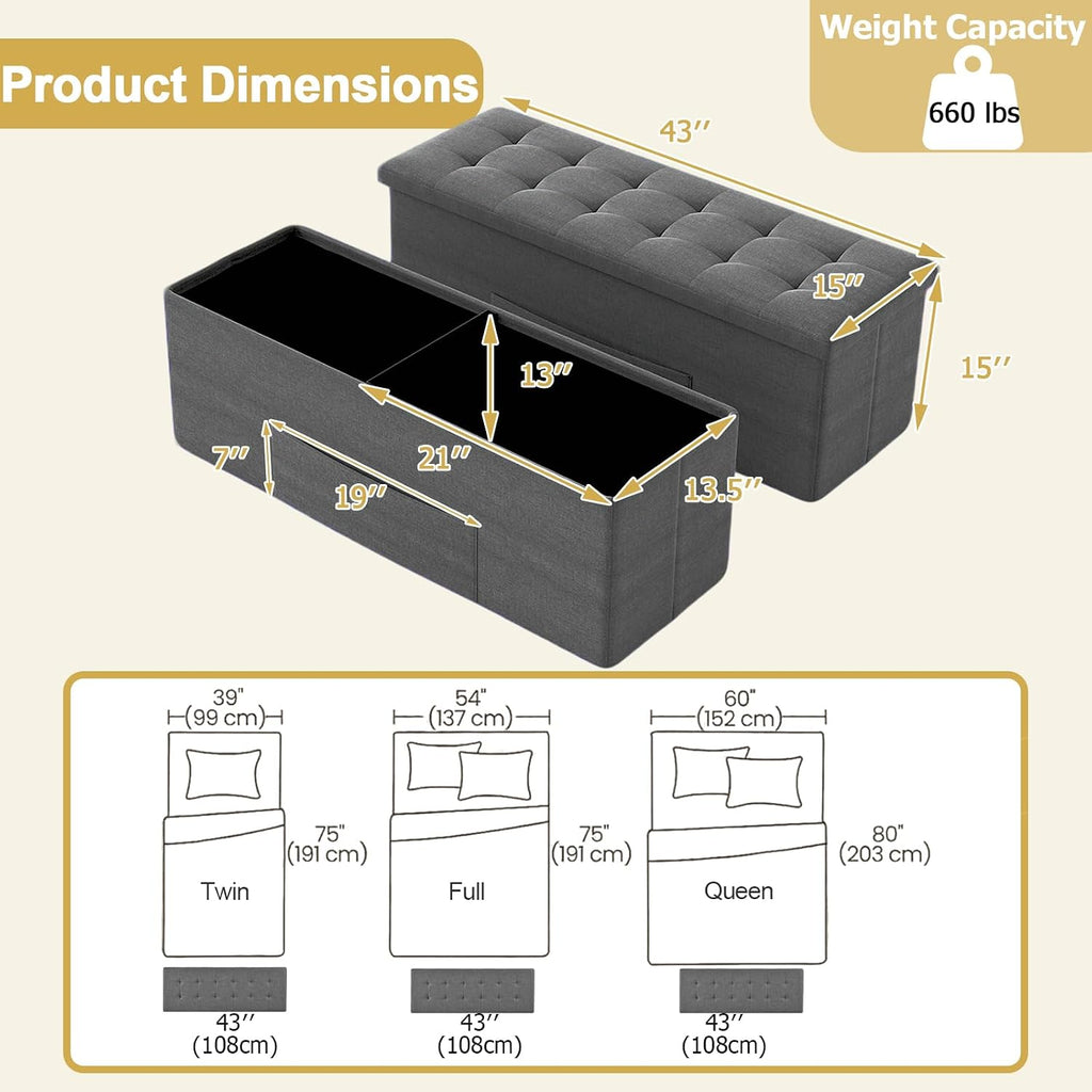 43" Folding Storage Ottoman Bench, End of Bed Foot Rest Stool with Removable Divider & Side Pocket, Storage Chest for Entryway, Living Room, Bedroom, 660 lbs Weight Capacity (Dark Grey)