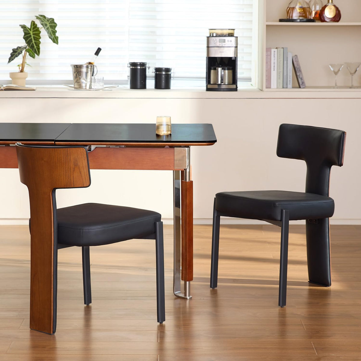 GrandNoor Black Dining Chairs Set of 2,Faux Leather Dining Chairs with Soft Cushion,Comfortable Upholstered Armless Dining Room Chairs with Curved Plywood Back
