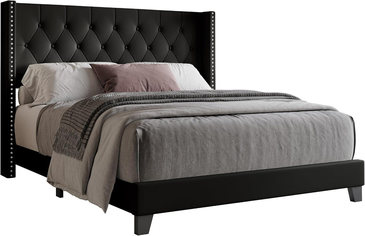 HOME DESIGN Homer Queen Tufted Wingback Upholstered Panel Bed, Black