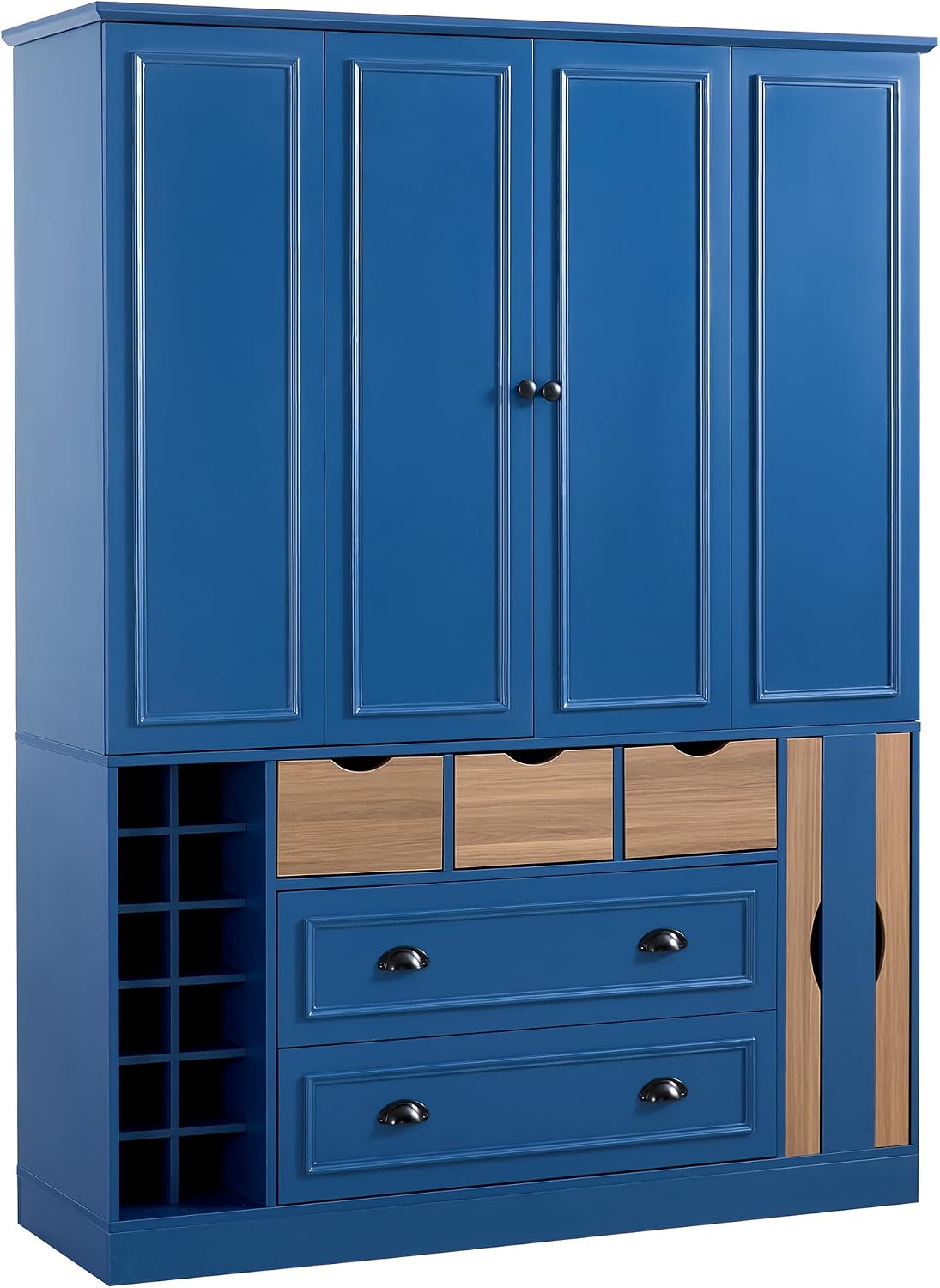 71" Tall Kitchen Pantry Storage Cabinet with 4 Foldable Doors, Freestanding Large Cupboard with Power Outlet, Adjustable Shelves and Wine Racks for Dining Room, Kitchen, Blue