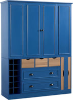 Farmhouse 71''H Large Kitchen Pantry,Deepen Dining Storage Cupboard with 4 Foldable Doors,Power Outlet, Shelves, Wine Racks and Serving Trays (Blue/FD)
