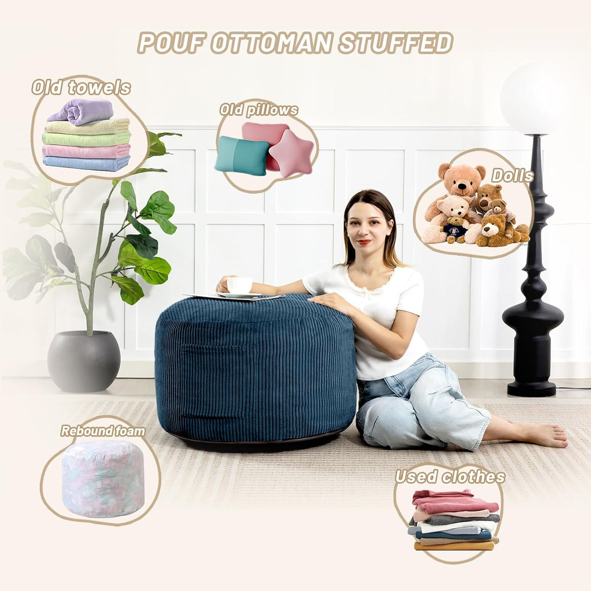 Round Stuffed Pouf Ottoman (Blue, 20" D x 20" W x 15" H) | Corduroy Foot Rest with Rebound Foam Filling, Furry and Fluffy Foot Stool Ottoman, Floor Poufs for Living Room