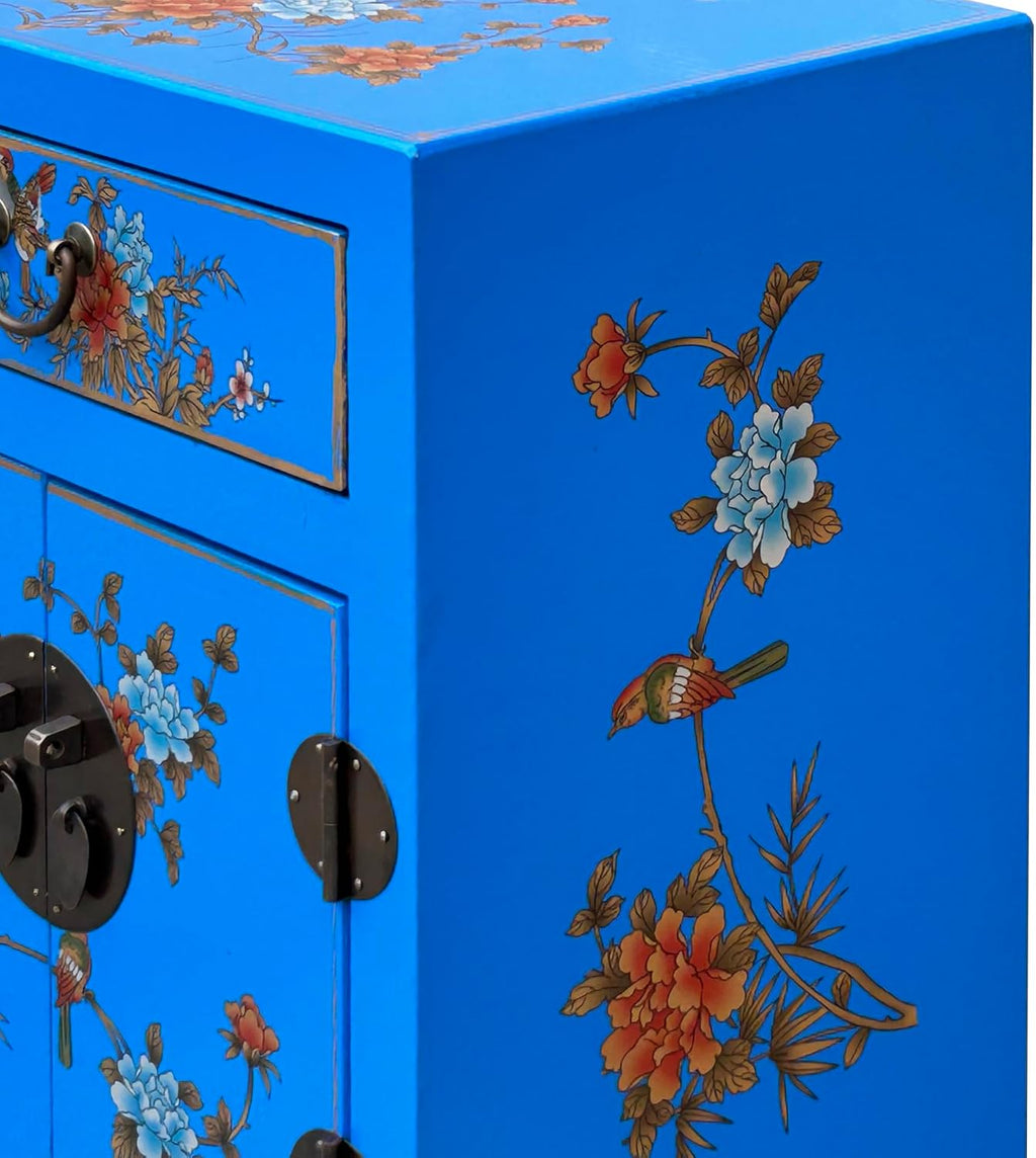 Chinese Bright Blue Vinyl Moon Face Flower Birds End Table Nightstand AGB064