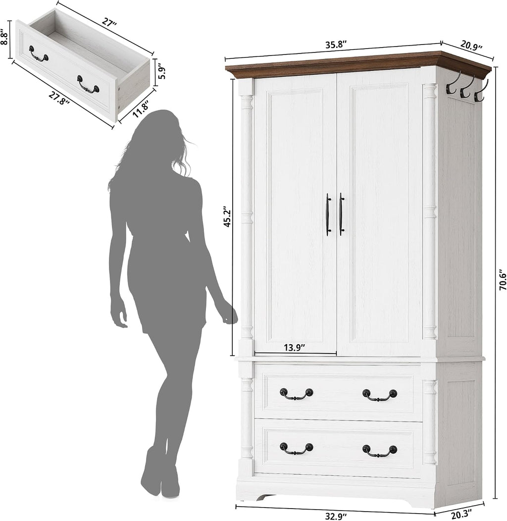 LIKIMIO Armoire Wardrobe Closet 70" with 2 Drawers for Bedroom, White | Farmhouse Wardrobe with Roman Column Doors, Hanging Rod and Side Hooks for Clothing Storage and Organization in Bedrooms