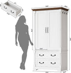 LIKIMIO Armoire Wardrobe Closet 70" with 2 Drawers for Bedroom, White | Farmhouse Wardrobe with Roman Column Doors, Hanging Rod and Side Hooks for Clothing Storage and Organization in Bedrooms