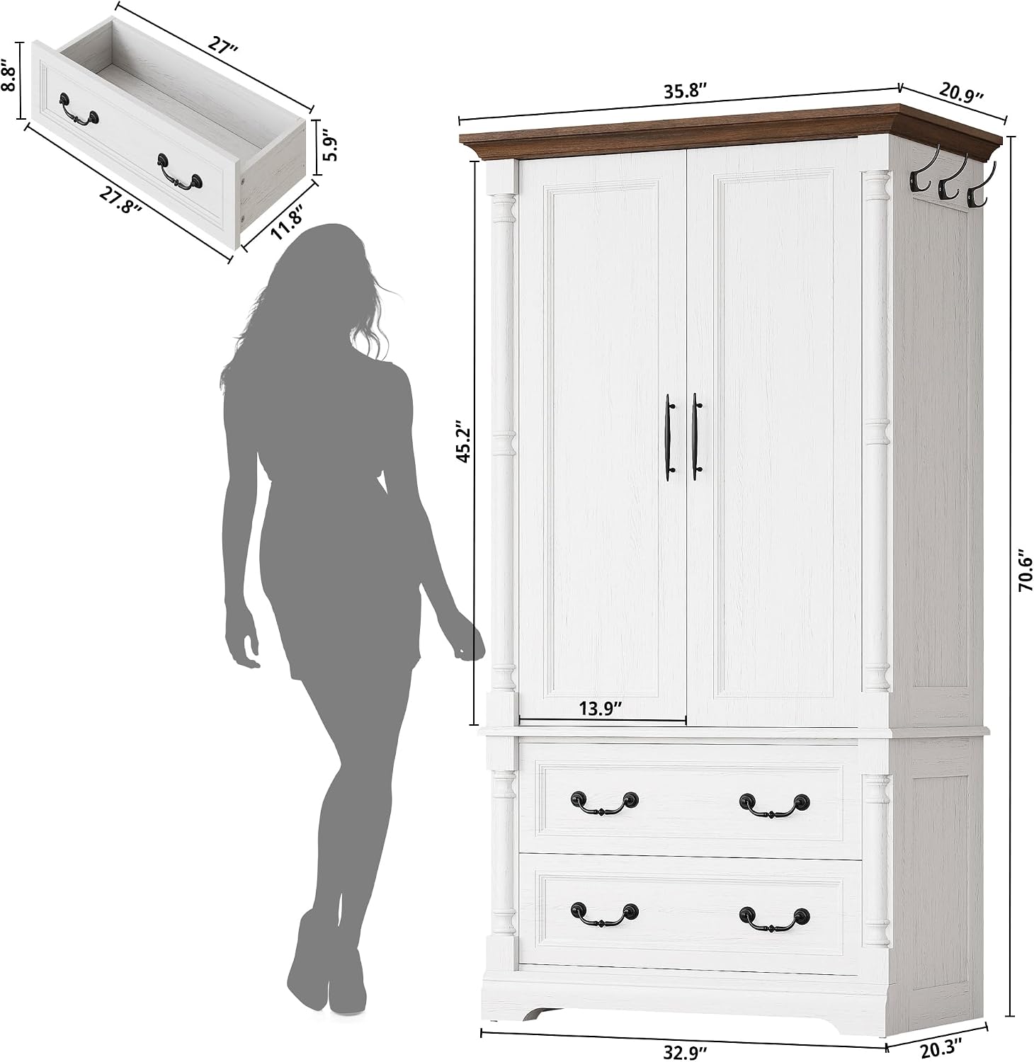 LIKIMIO Armoire Wardrobe Closet 70" with 2 Drawers for Bedroom, White | Farmhouse Wardrobe with Roman Column Doors, Hanging Rod and Side Hooks for Clothing Storage and Organization in Bedrooms