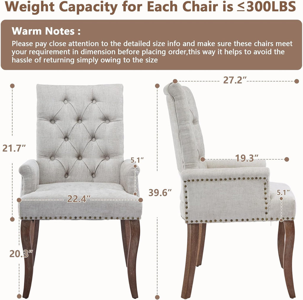 mikibama Chenille Upholstered Dining Chairs with High Back,Vintage Tufted Kitchen Chairs with Rolled Arms,Farmhouse Fabric Accent Side Chair with Arms for Living Room,Single Pack (1, Beige)