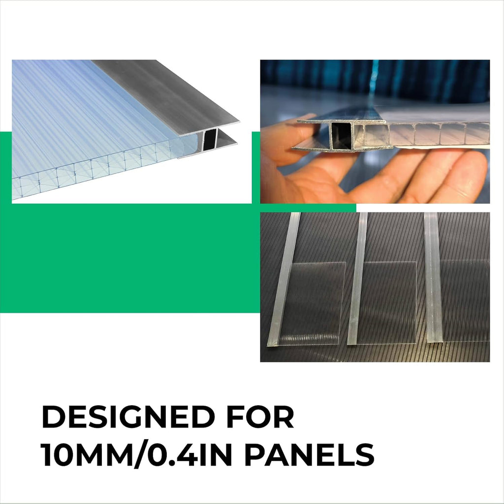 Aluminum H Connectors - Fits 4mm, 6mm, 8mm, or 10mm Twin-Wall Greenhouse Panels, Join 2 Pieces of Panels Together, 4-Foot Length, 10 Pieces (10mm Aluminum H Connectors - 4ft)