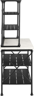 Crosley Furniture Madeleine Kitchen Island and Hutch with Shelves for Storage, Microwave Stand, Coffee Bar, Steel with Faux Marble Top