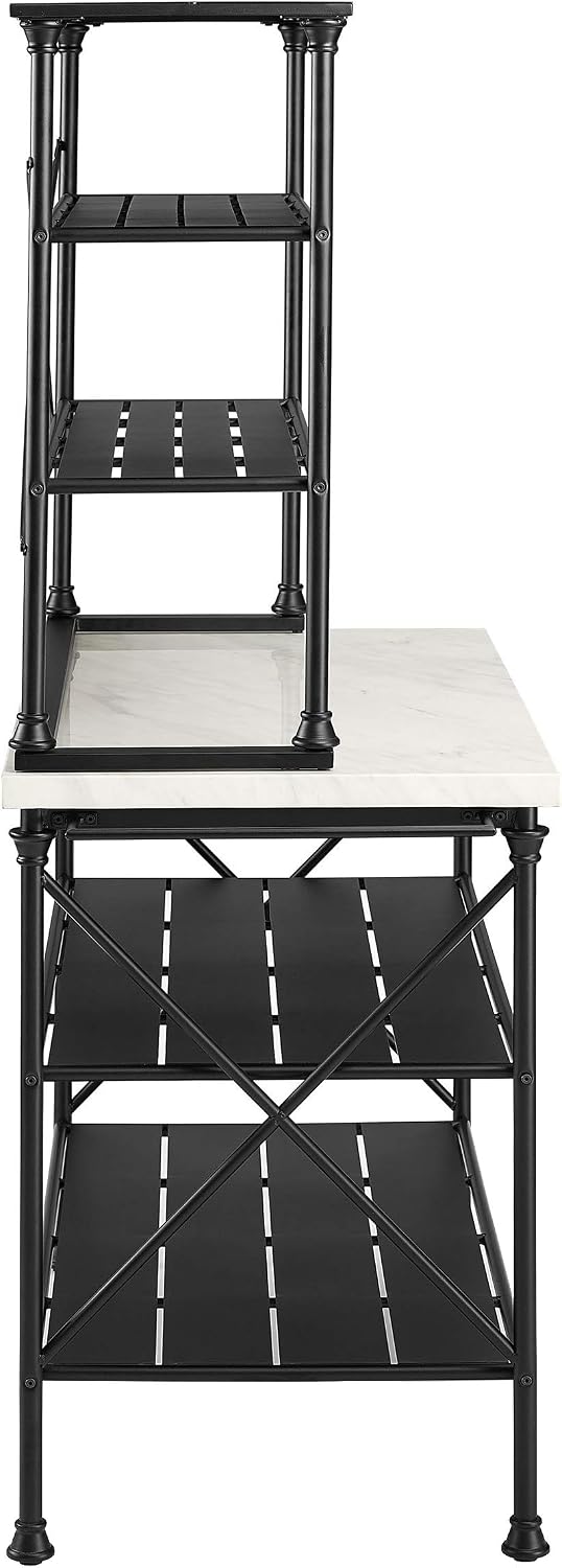 Crosley Furniture Madeleine Kitchen Island and Hutch with Shelves for Storage, Microwave Stand, Coffee Bar, Steel with Faux Marble Top