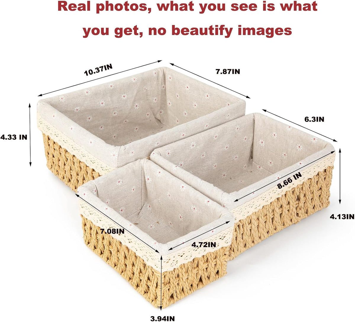 Wicker Baskets with Liner for Counter, Natural Paper Rope Rattan Storage Basket,Hand Woven Pantry Table Organizer Bins for Bedroom Living Room Bathroom School Shelves Office Desk (3 Pack Beige)