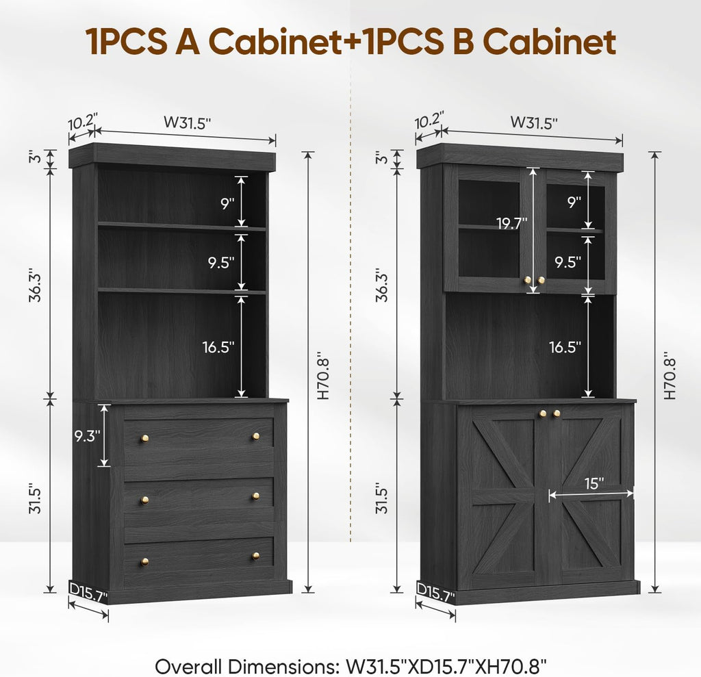 71" Black Farmhouse Kitchen Pantry Cabinet Set of 4— Freestanding Coffee Bar with Glass Doors or Drawers, Microwave Stand, Large Storage Hutch with Adjustable Shelves for Kitchen, Living Room
