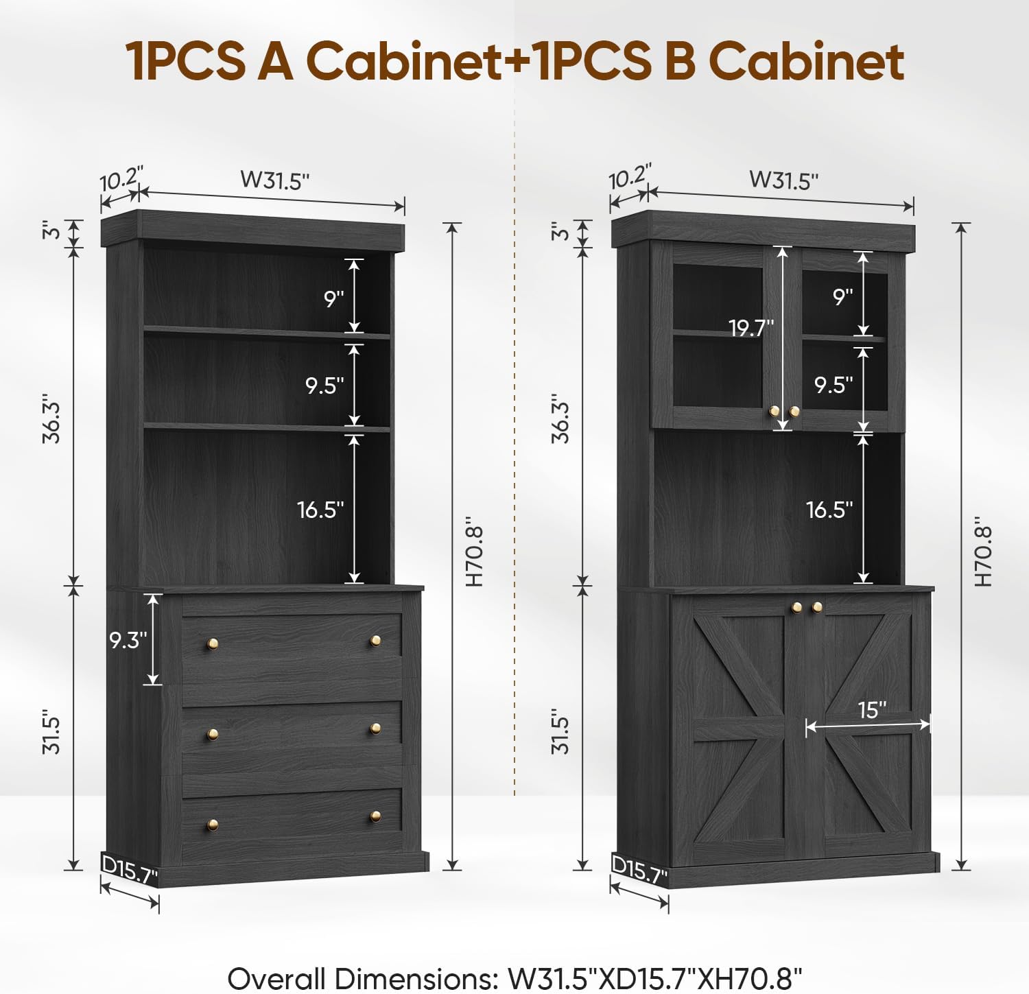 71" Black Farmhouse Kitchen Pantry Cabinet Set of 4— Freestanding Coffee Bar with Glass Doors or Drawers, Microwave Stand, Large Storage Hutch with Adjustable Shelves for Kitchen, Living Room