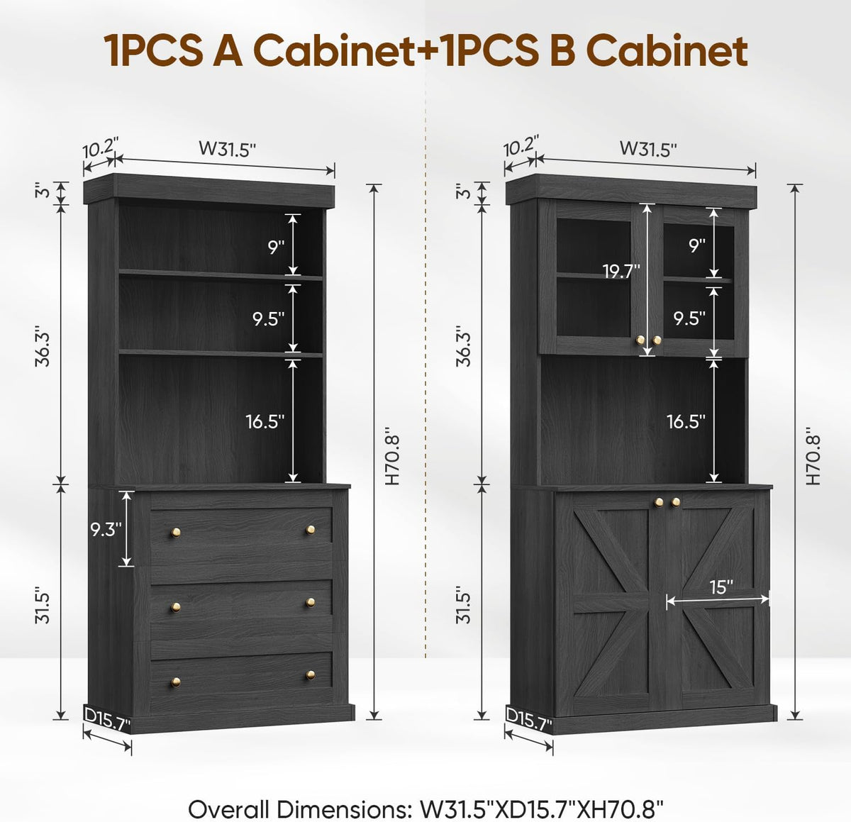 71" Black Farmhouse Kitchen Pantry Cabinet Set of 3— Freestanding Coffee Bar with Glass Doors or Drawers, Microwave Stand, Large Storage Hutch with Adjustable Shelves for Living Room and Kitchen