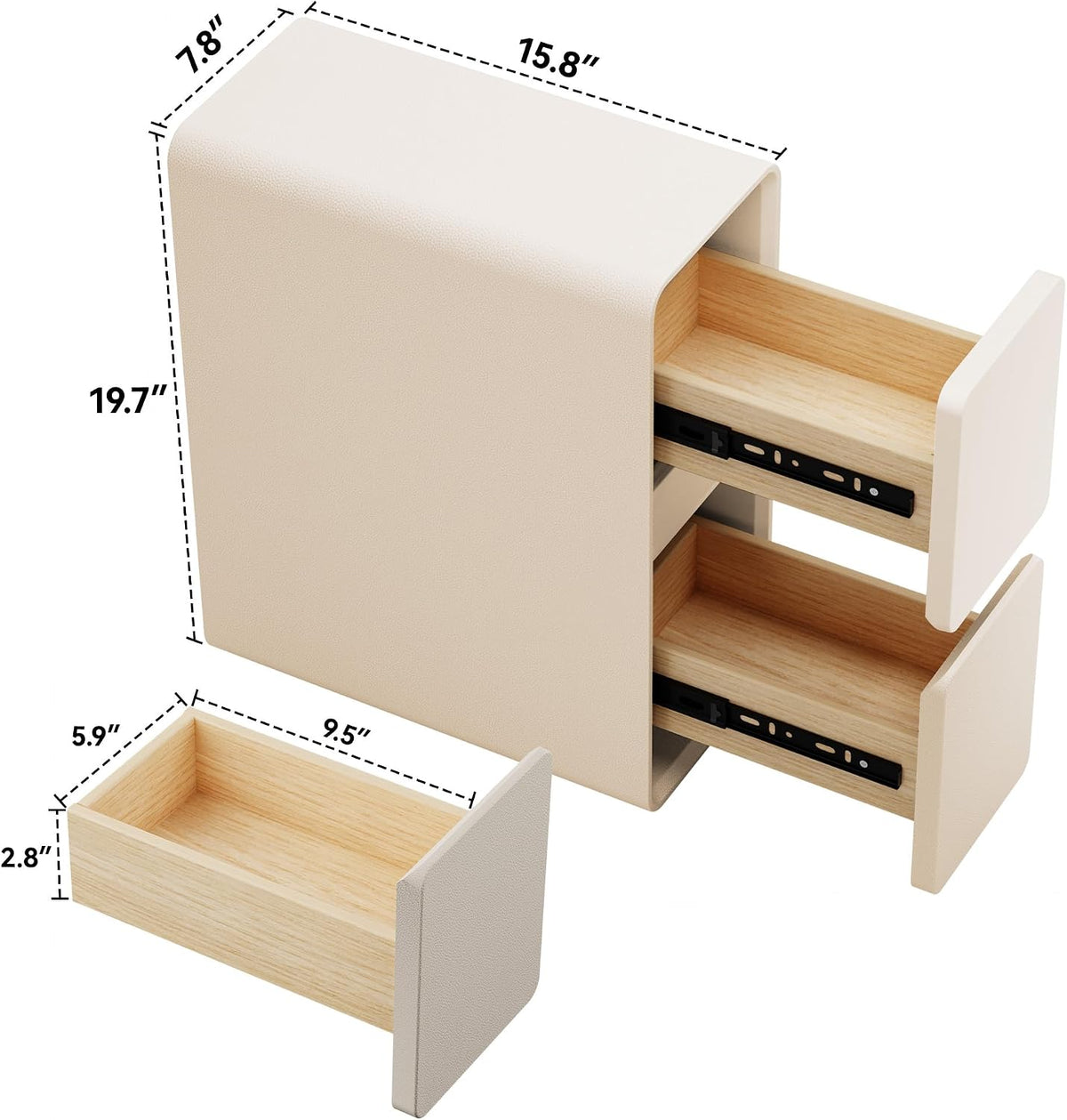 7.8" W Faux Leather Narrow Nightstand, Modern Fully-Assembled Bedside Table with 2 Drawers, Wood Night Stand Small Accent End Table & Side Table for Bedroom, Cream White