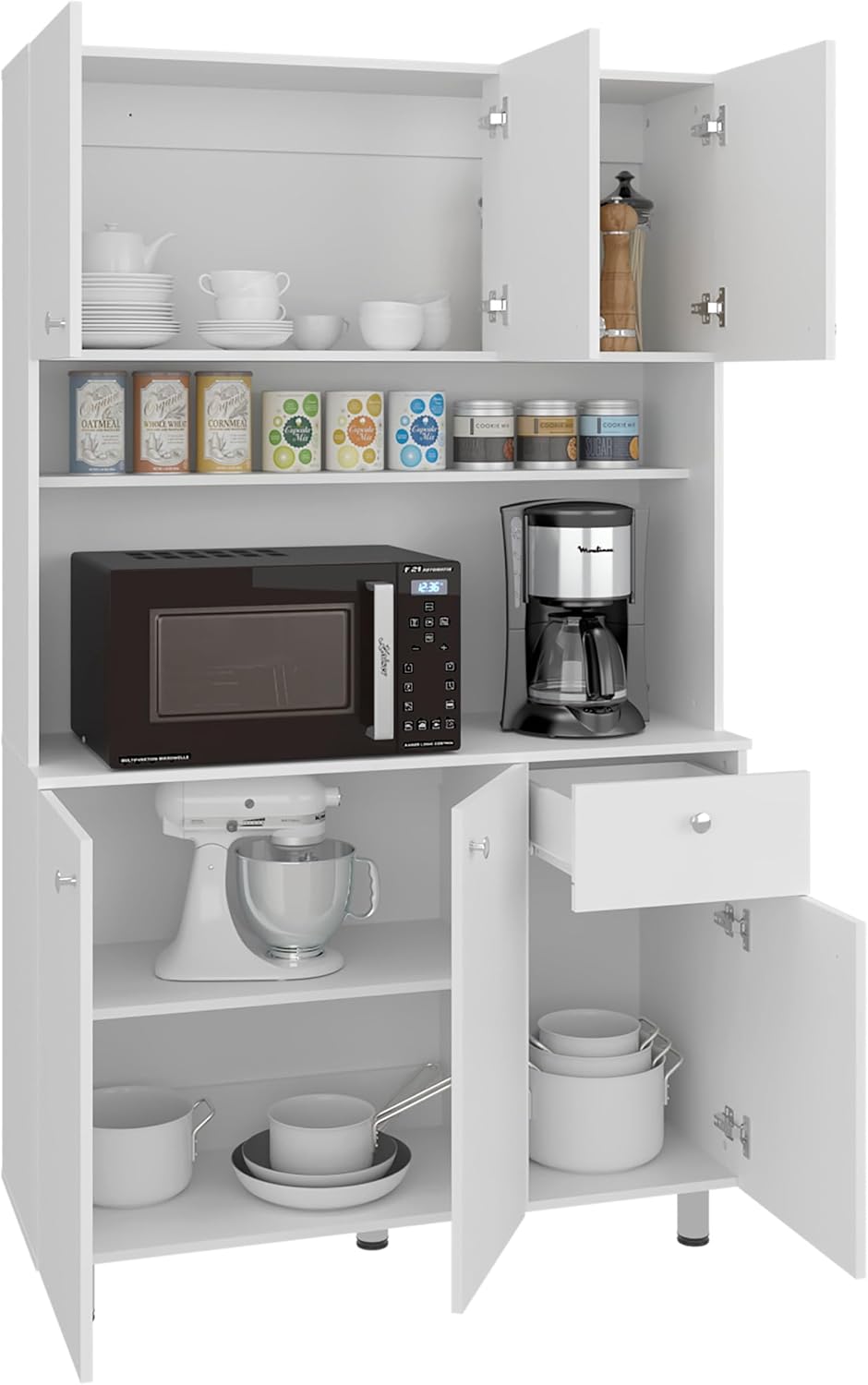 DEPOT E-SHOP 44" Lehr Pantry Cabinet with Ample Storage, Spacious Shelves, and 6 Doors-1 Drawer, White - Kitchen – Tall Kitchen Storage & Pantry Organization