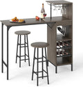 GOFLAME Bar Table Set for 2, Counter Height Dining Table Set with Shelves, Cup Holder & Wine Rack, Breakfast Table & Stools Set, 3-Piece Pub Table Set for Kitchen, Dining Room, Grey Oak