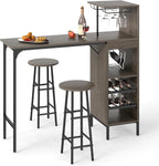 GOFLAME Bar Table Set for 2, Counter Height Dining Table Set with Shelves, Cup Holder & Wine Rack, Breakfast Table & Stools Set, 3-Piece Pub Table Set for Kitchen, Dining Room, Grey Oak