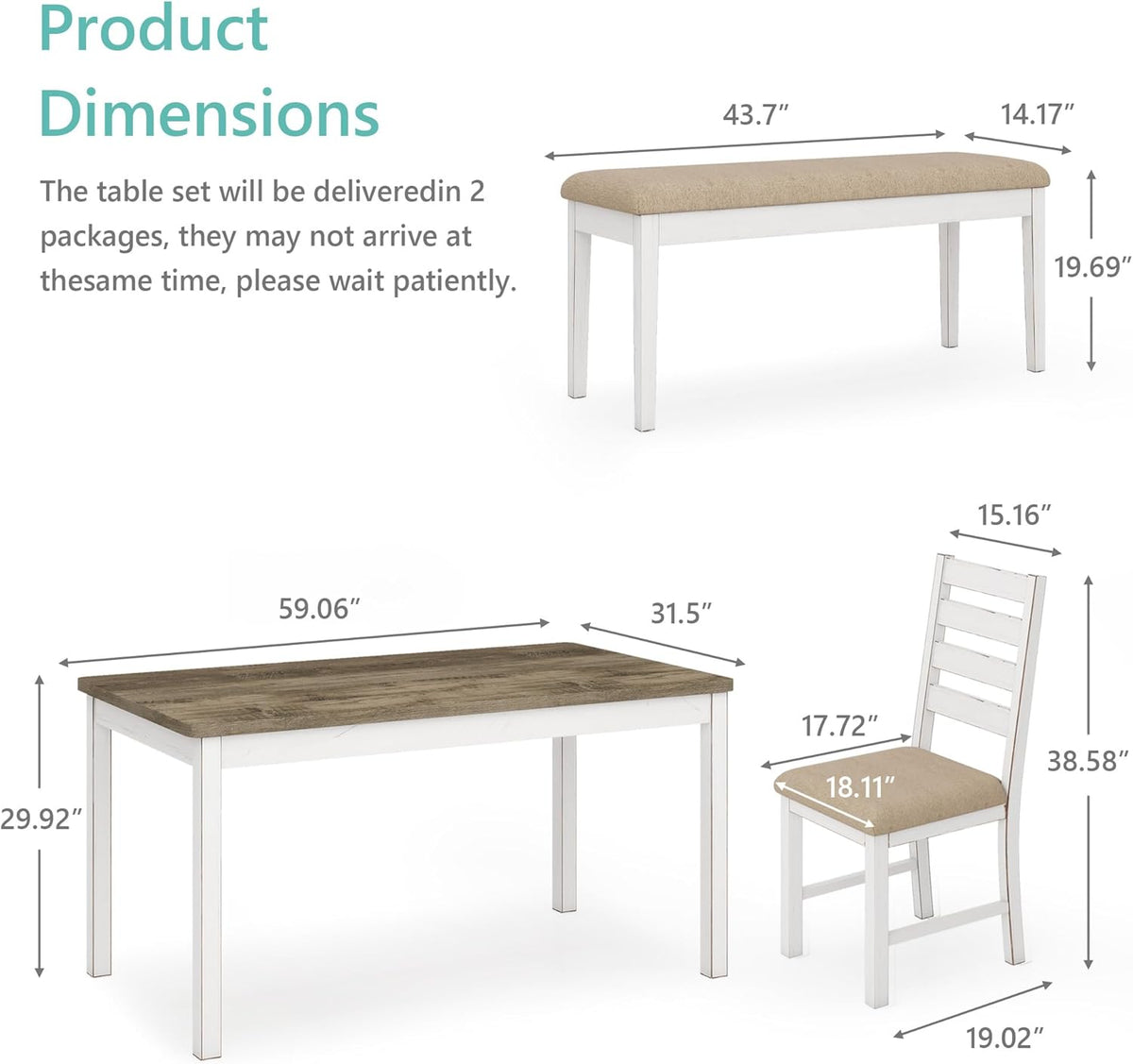 ROCSUMOO 6 Piece Farmhouse Dining Table Set of 6 with 4 Chairs & 1 Bench | 59" Rectangular Kitchen Table Set with Old Design, Farmhouse White Dinner Room Set Solid Wood Stable Space Saving