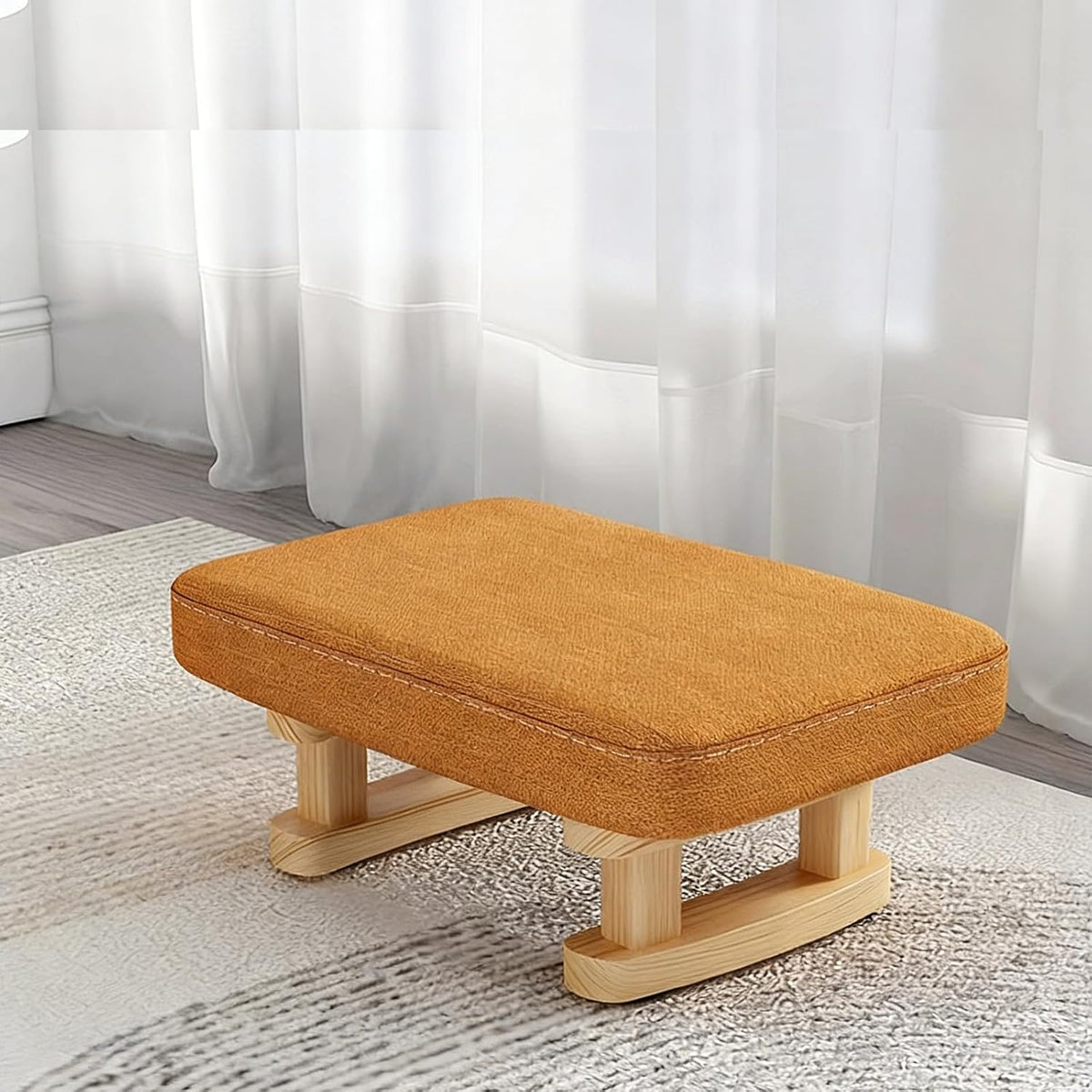 7-Inch High Stool, Small Linen Footstool, Solid Wood Frame, Entryway Shoe Bench, with Padded Footrest, Suitable for Living Room, Entryway, and Bedroom Natural Legs Orange