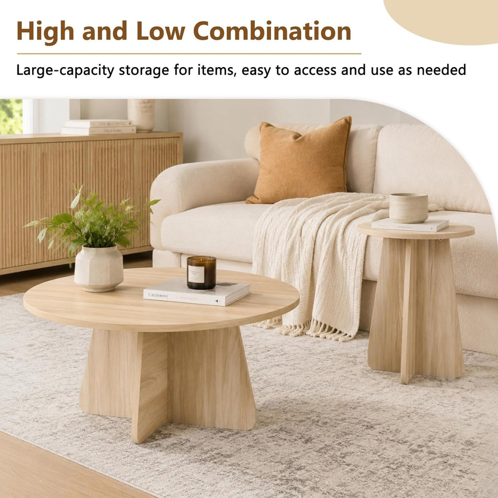 Round Wooden Coffee & Side Tables with Tapered Base, Wood | Nesting Coffee Table Set of 2, Modern Accent Furniture for Living Room Bedroom, Space-Saving Design