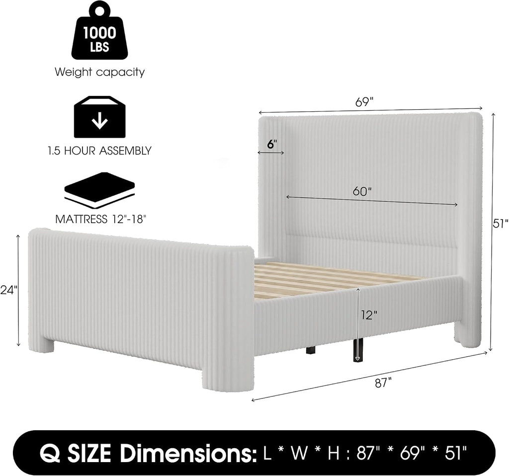 Ihanherry Queen Size Bed Frame with Faux-Fur Curved Wingback Headboard & Footboard, Upholstered Bed Frame with Removable & Washable Cover,Noise Free & Easy Assembly, No Box Spring Needed, White