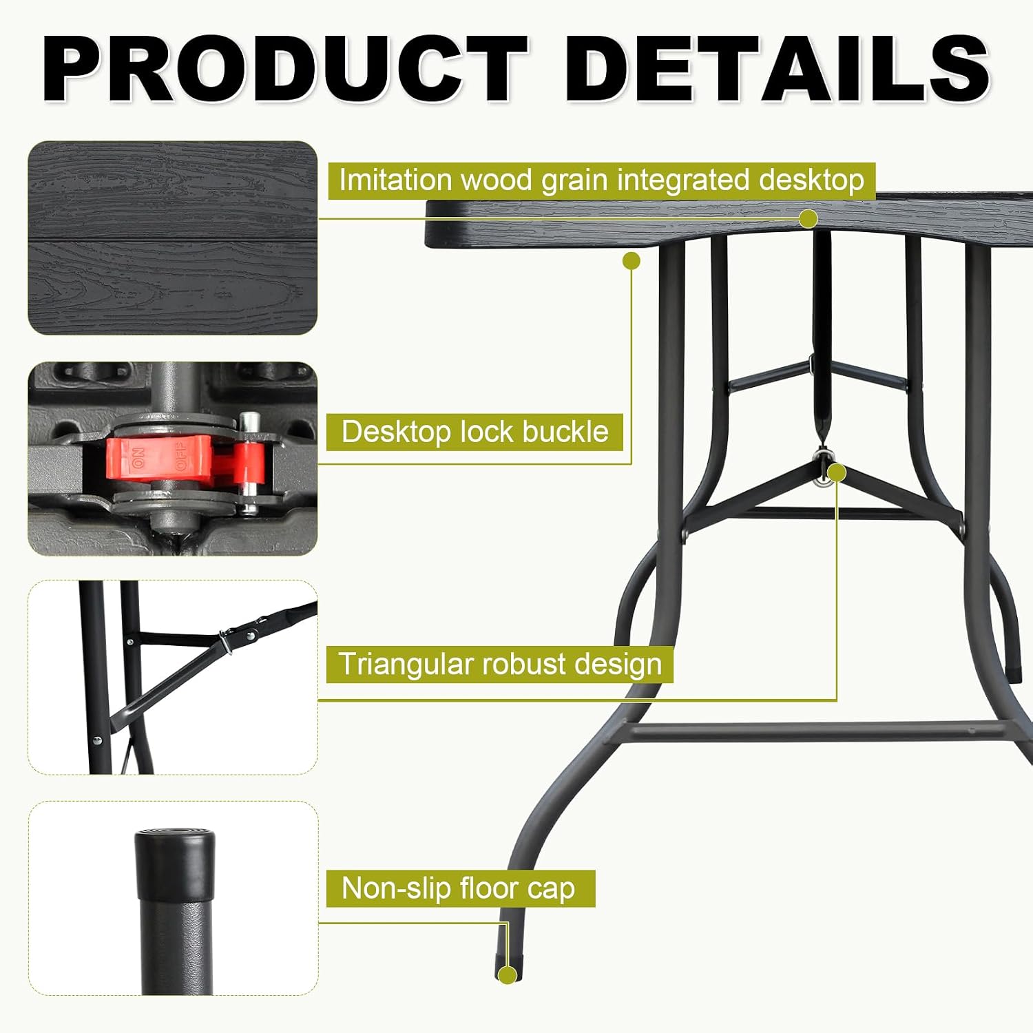 8ft Folding Table, Portable Heavy Duty Plastic Fold-in-Half Utility Table for Indoor/Outdoor Use, Dining, Camping, Picnic, Party, Black Woodgrain