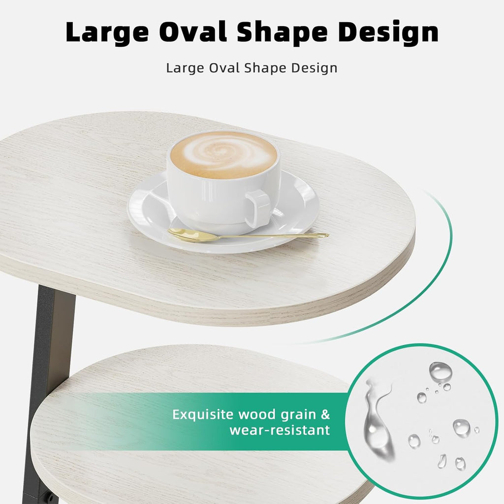 Kalrin Side Table, Small End Table with Metal Frame, 3-Tier Bedside Tables, Round Side Tables for Living Room Bedroom Couch Bathroom, Oval, White Maple